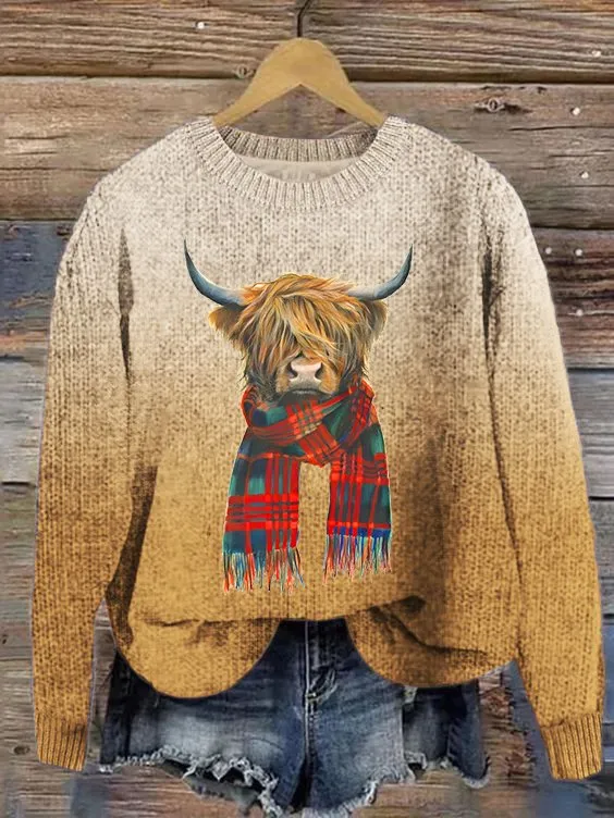 Women's Cute Highland Cow Print Knitted Crew Neck Sweater