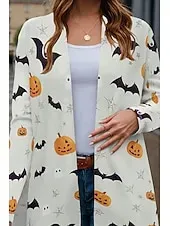 Halloween Women's Coat Lightweight Comfortable Pumpkin Print Vintage Artistic Casual Skull Casual Long Collarless Regular Fit Long Sleeve Outerwear Black White Pink Spring Fall