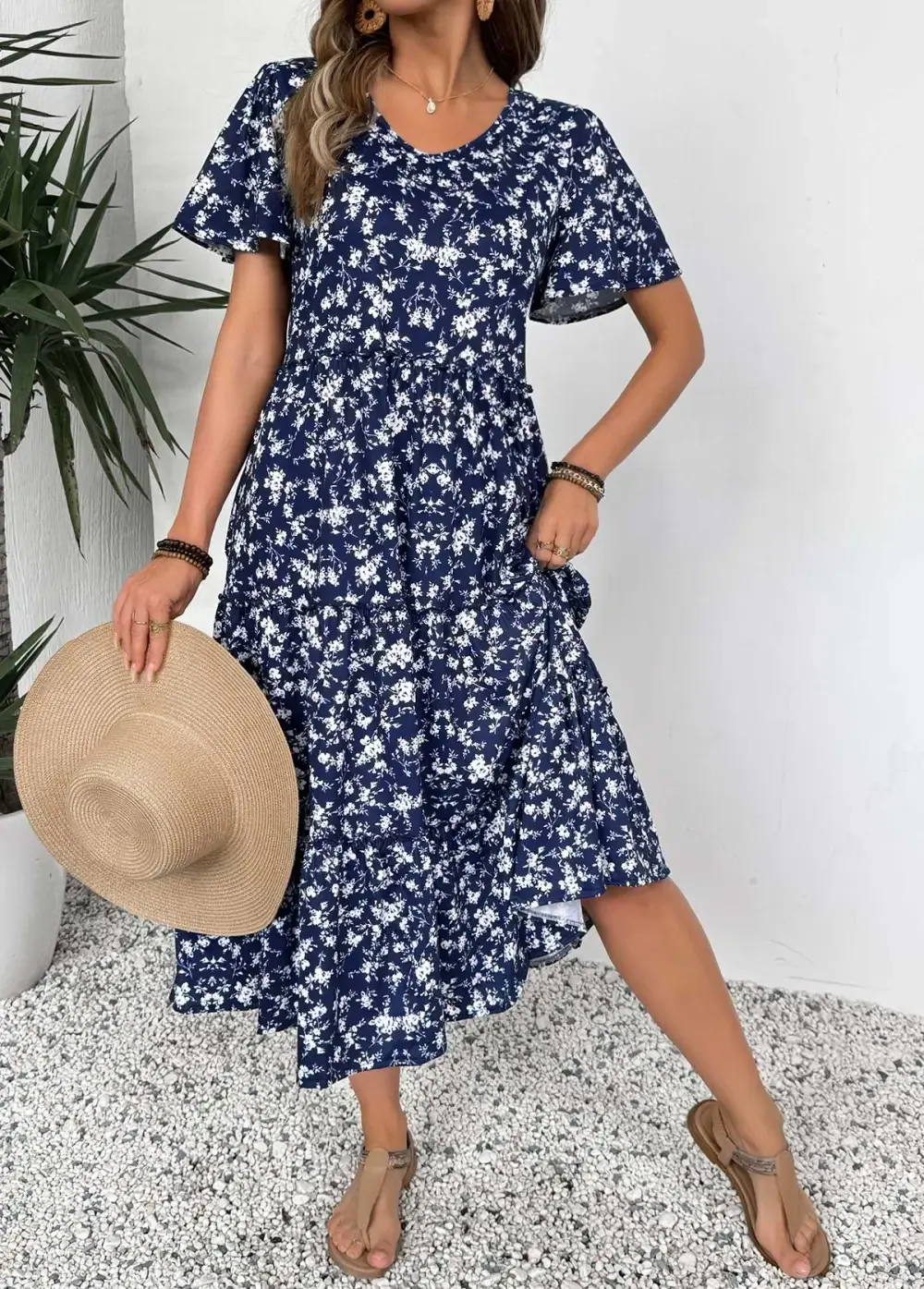 Navy Ditsy Floral Print Short Sleeve V Neck Dress