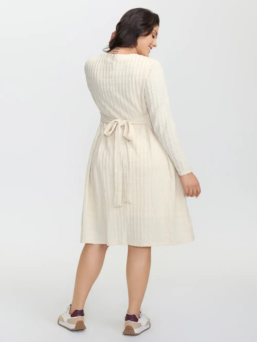 Textured Waist-Tie Stretchy Midi Dress