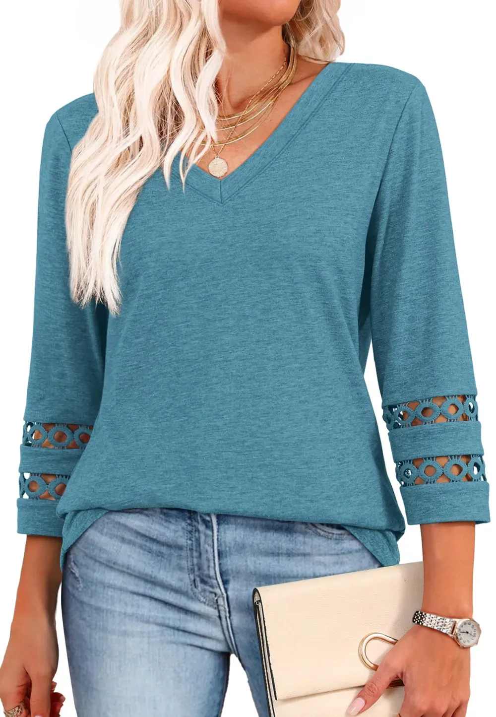 ✨Womens 3/4 Length Sleeve Tops Trendy V Neck T Shirts