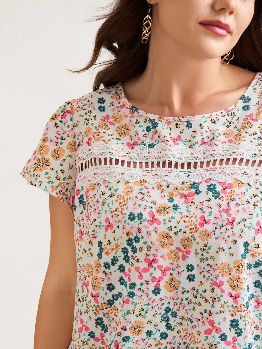Multi-Color Floral Print Lace Spliced Blouse