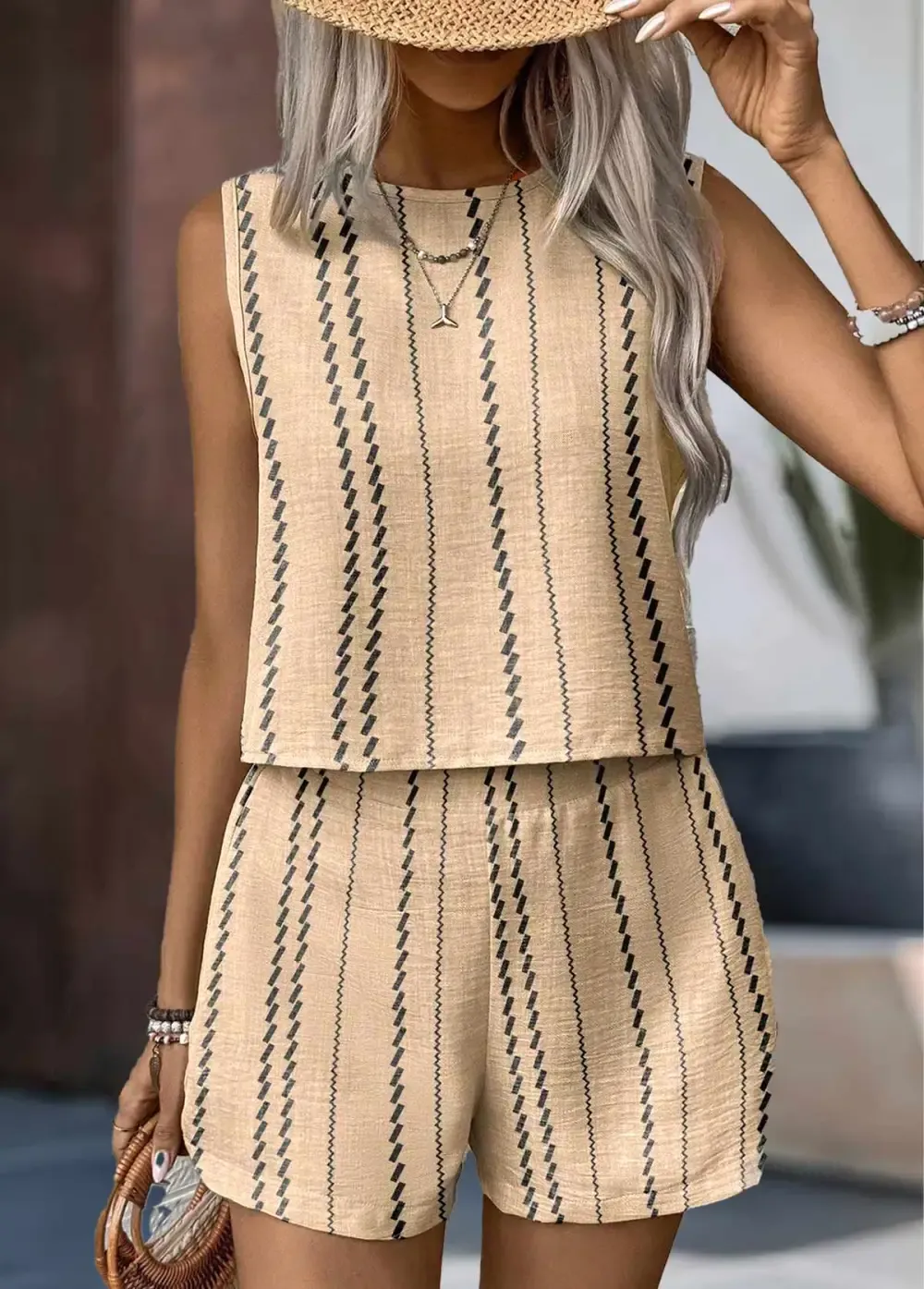 Light Camel Button Striped Sleeveless TOP and Shorts