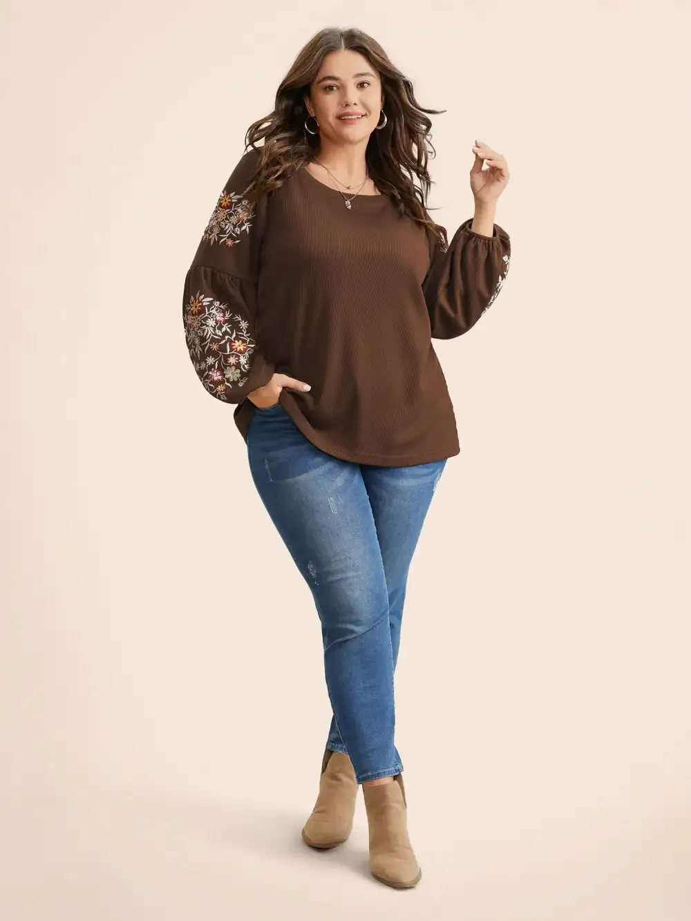Waffle Knit Floral Embroidered Lantern Sleeve T-Shirt