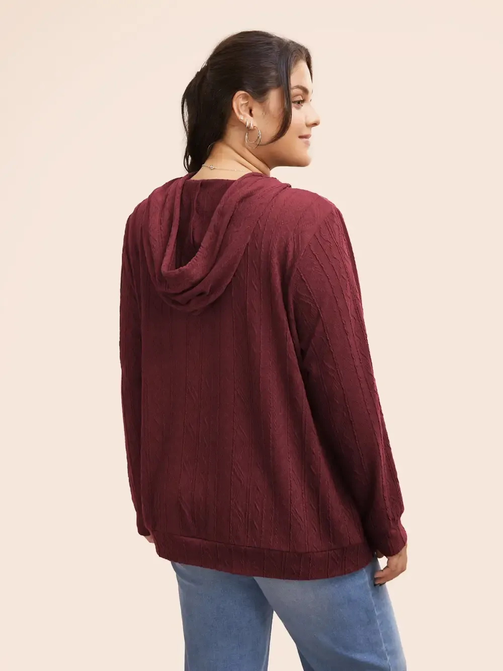 Plain Textured Hooded Drawstring Sweatshirt