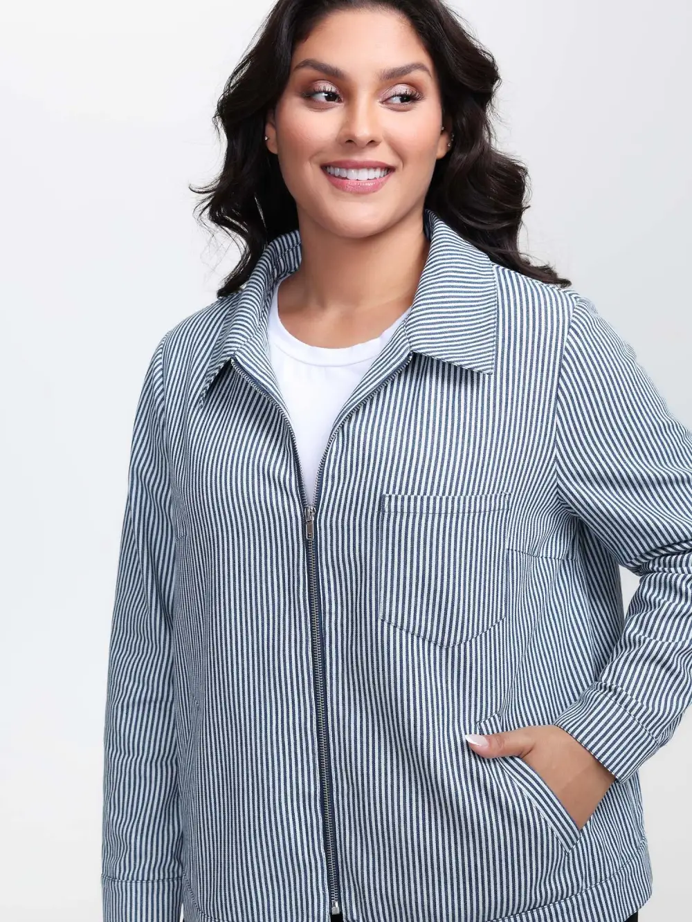 Denim Stripe Zipper-Front Jacket