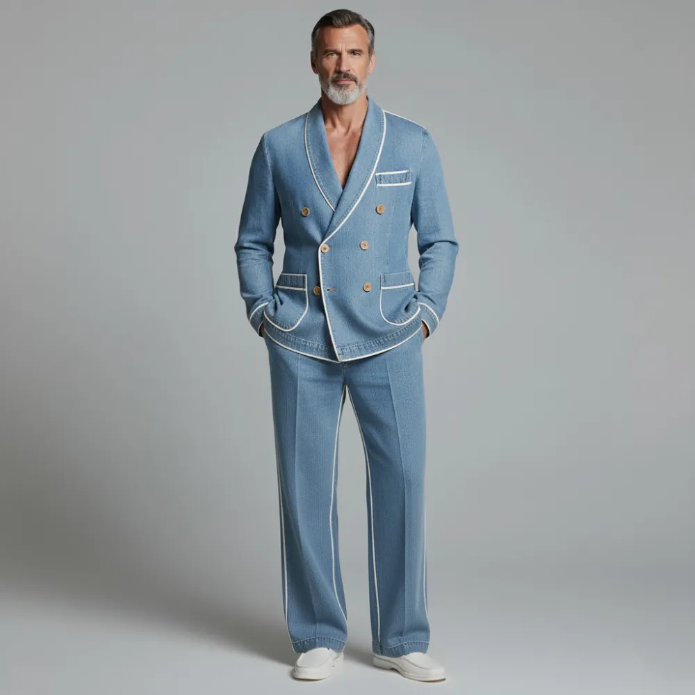 Men's Light Blue Denim Contrast Binding Double Breasted Blazer & Pocket Jeans 2Pcs Set