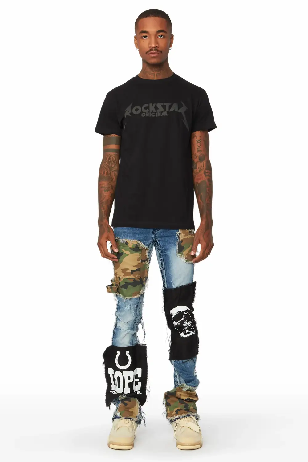 Hugo Blue/Camo Stacked Patchwork Flare Jean