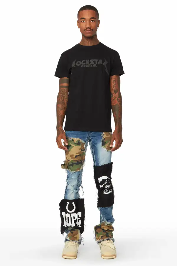 Hugo Blue/Camo Stacked Patchwork Flare Jean
