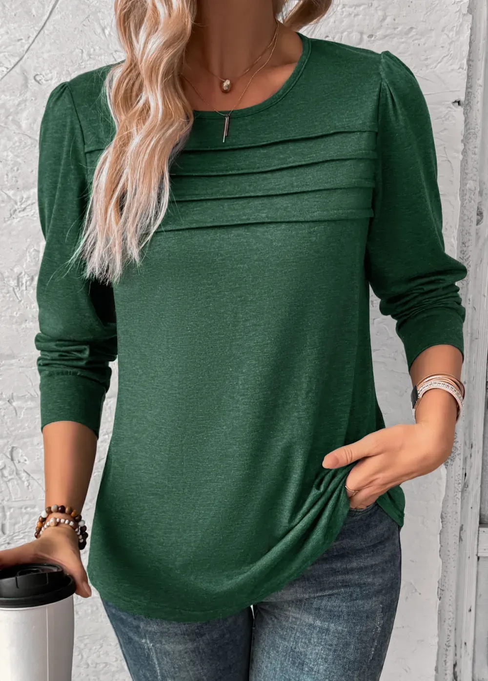 Green Long Sleeve Round Neck T Shirt