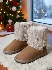 Women's Brown Faux Suede Winter Ankle Boots – Knit Cuff Button Detail, Plush Lining, Cozy Indoor & Outdoor Casual Footwear