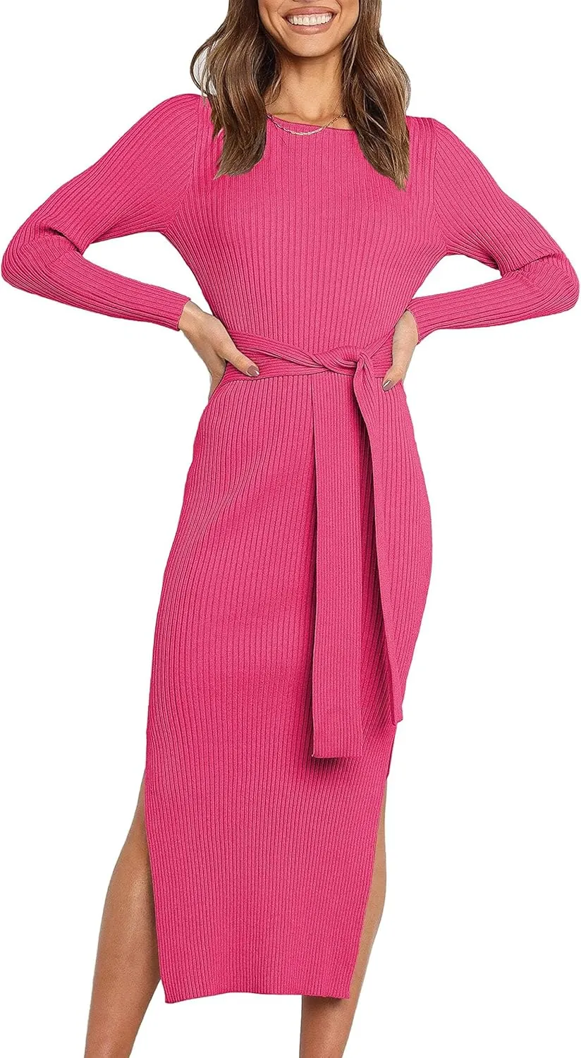 Long Sleeve Sweater Dress Crew Neck Slim Fit Slit Tie Waist 2024 Ribbed Knit Bodycon Midi Dress Fall Outfits
