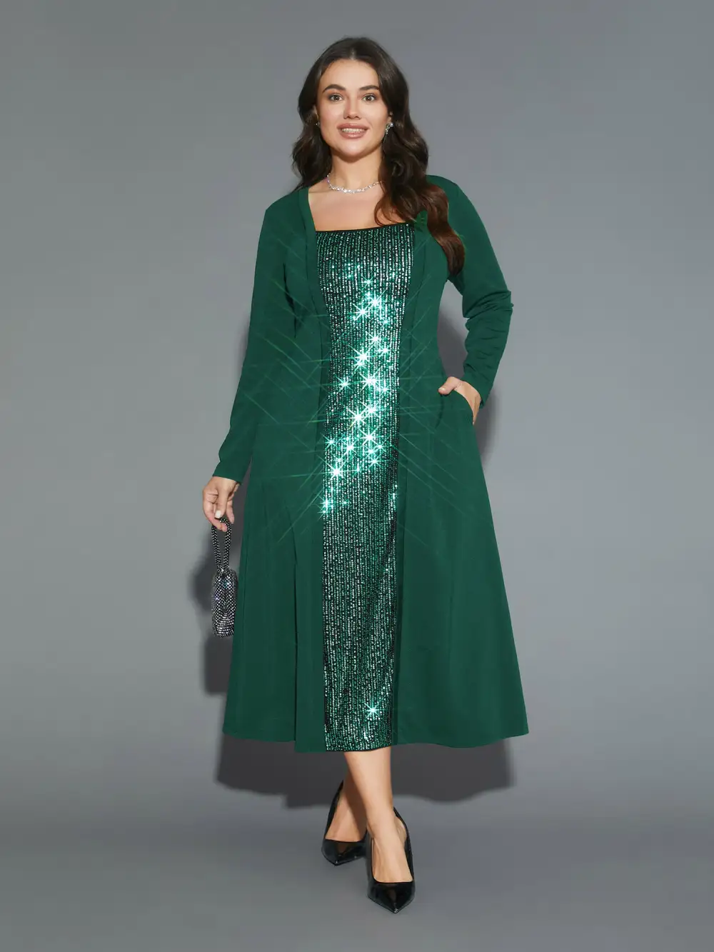 Sequin Patchwork Elastic Waist Midi Dress