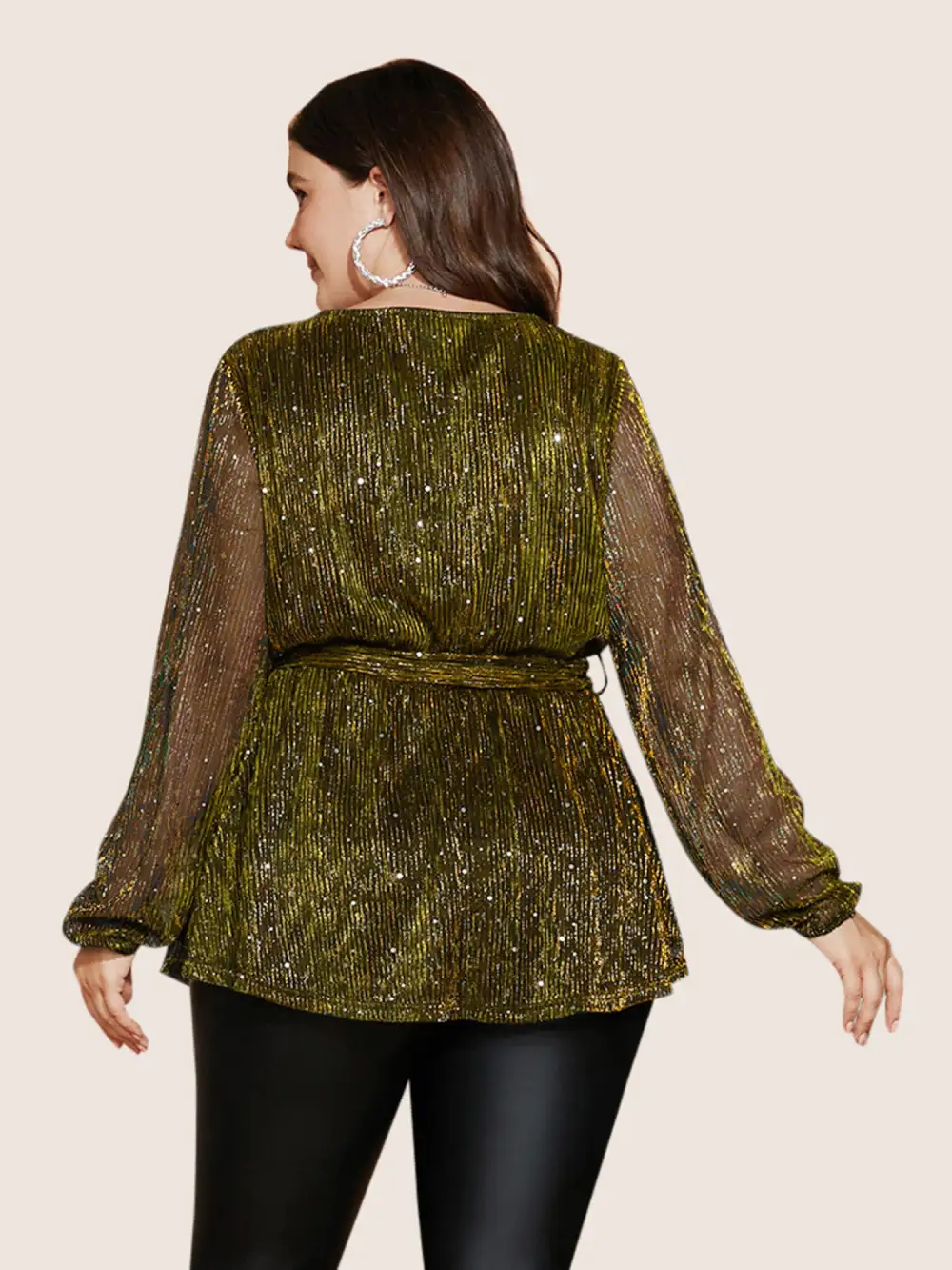 Sequin Mesh Lantern Sleeve Wrap Belted Striped Blouse