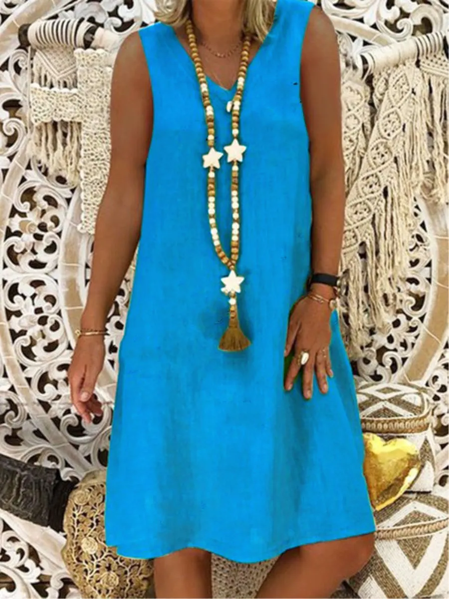 Plus Size Linen V Neck Sleeve Solid Midi Dresses (Without Necklace)