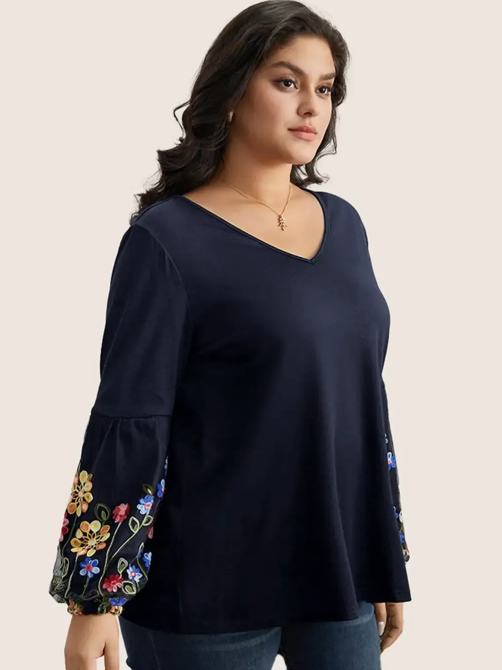 Floral Embroidered Lantern Sleeve T-Shirt
