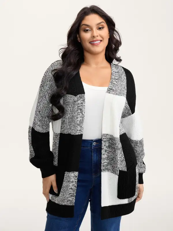 Checkered Heather Textured Open-Front Cardigan