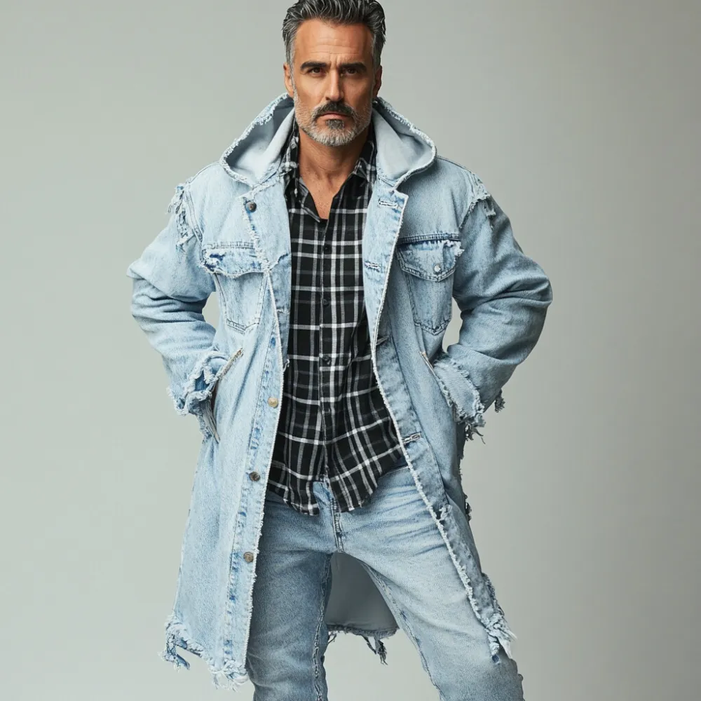 Men's Casual Single Breasted Pockets Raw Edge Denim Hooded Overcoat