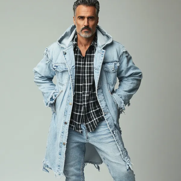 Men's Casual Single Breasted Pockets Raw Edge Denim Hooded Overcoat