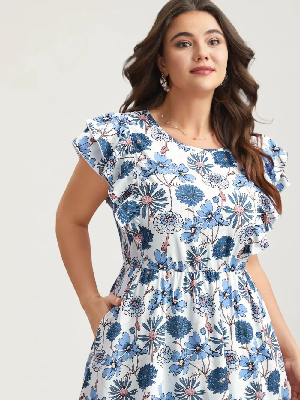 Ruffled Floral Print Stretchy-Waist Midi Dress