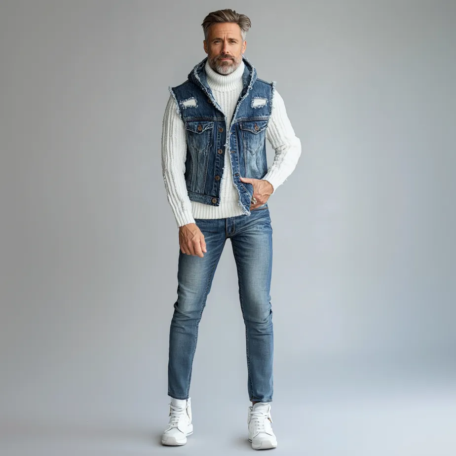 Men's Casual Denim Ripped Raw Edge Button Hooded Vest