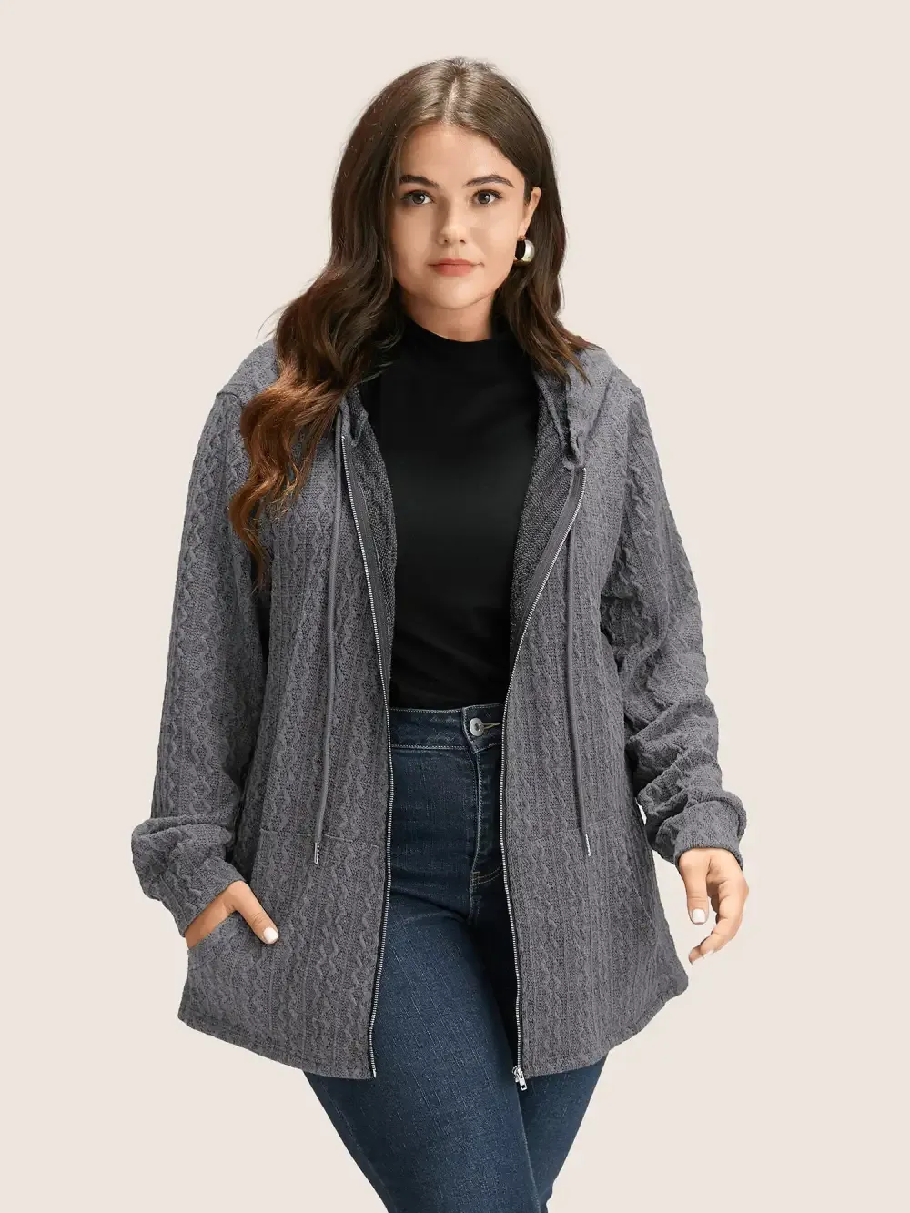 Plain Textured Zipper Hooded Sweatshirt