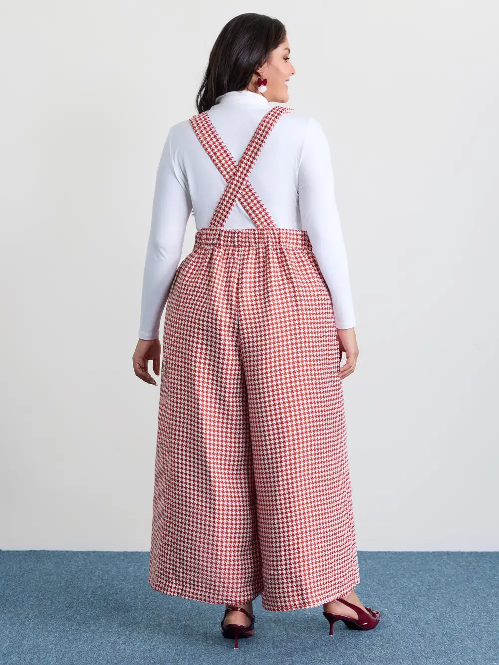 Houndstooth Pattern Stretchy Waist Pockets Jumpsuit
