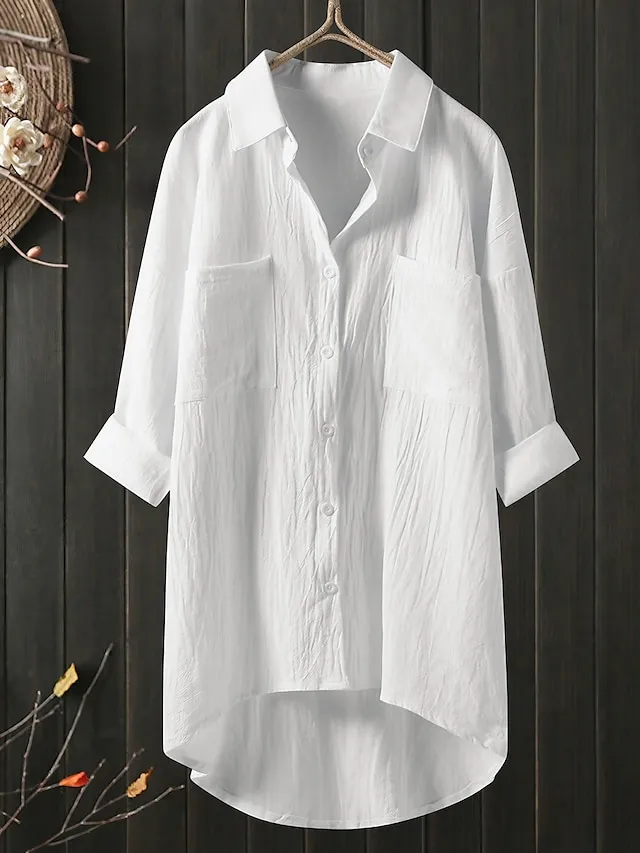 Women's Shirt Blouse Cotton Black White Blue Solid Color Button Pocket 3/4 Length Sleeve Work Daily Streetwear Daily Basic Shirt Collar Regular Fit Spring Fall Fall & Winter