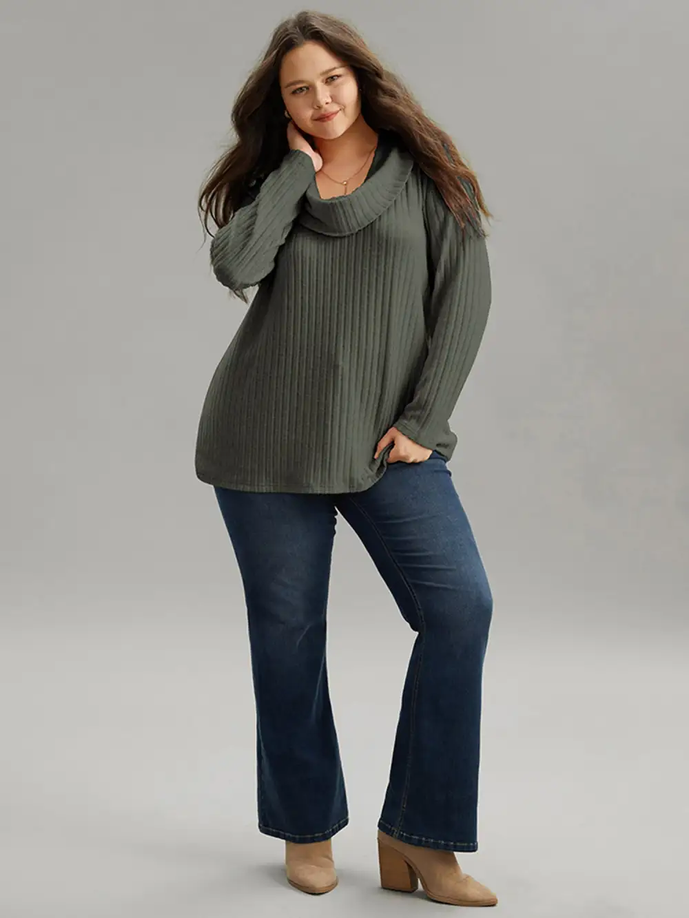 Plain Rib Knit Cowl Neck T-Shirt