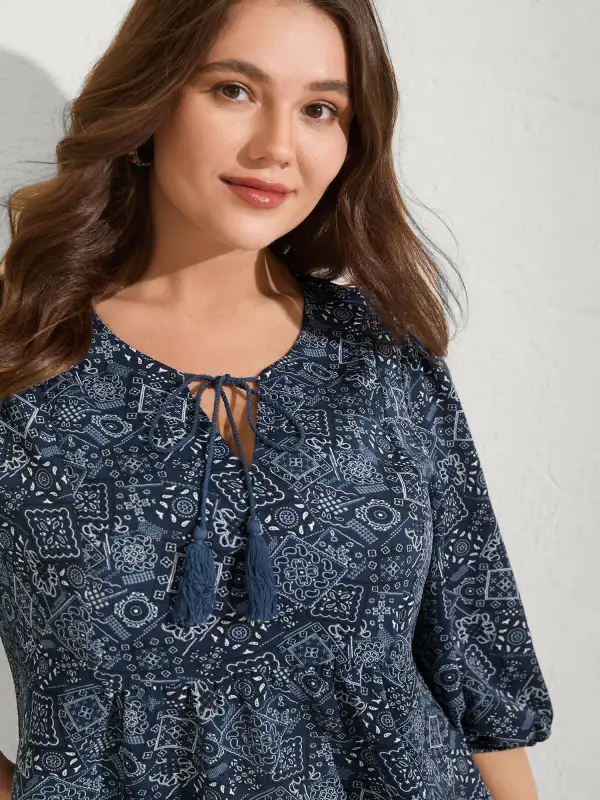 Boho Print Neck Tie Lantern Sleeve Blouse