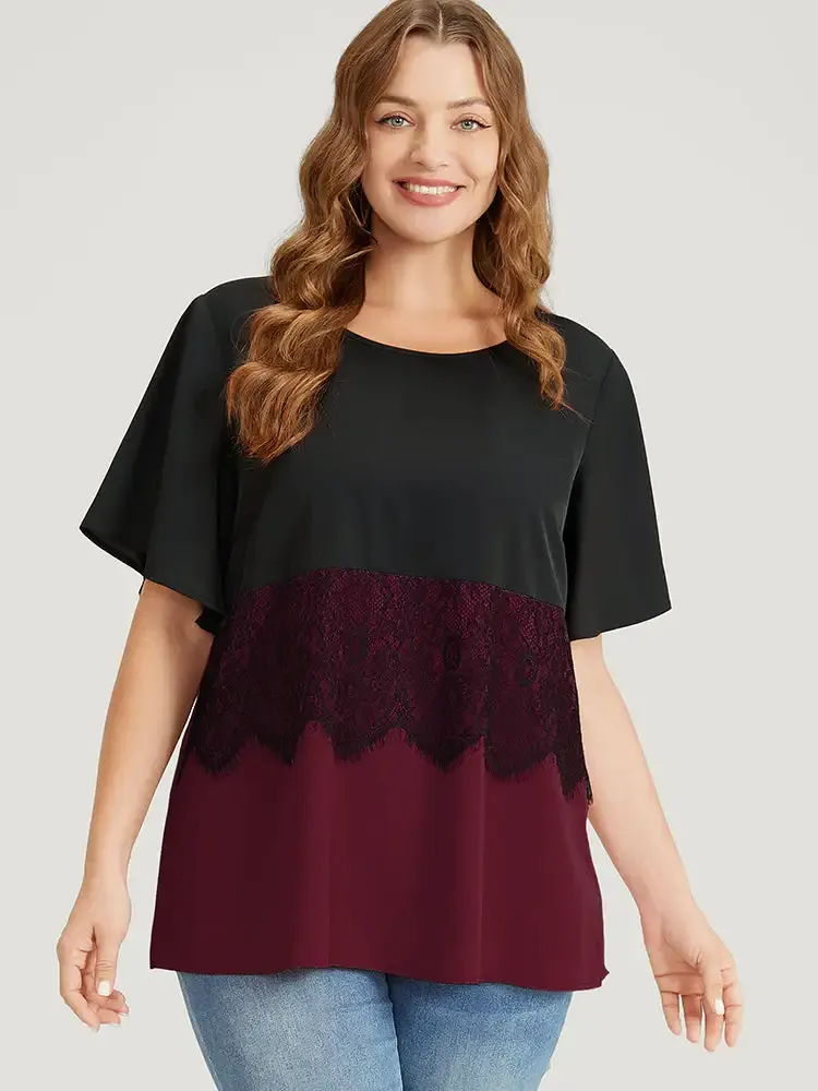 Colorblock Contrast Lace Panel Ruffles Blouse