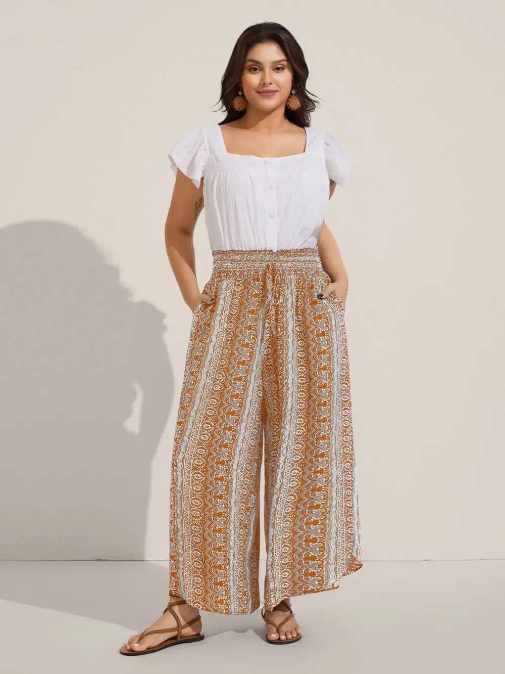 Boho Print Shirred Waist Wide-Leg Pants