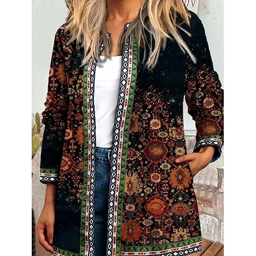Women's Casual Lightweight Coat Open Front Work Print Geometric Comfortable Boho Vintage Regular Fit Long Sleeve With Pocket Outerwear Long Sleeve Fall Lake blue S