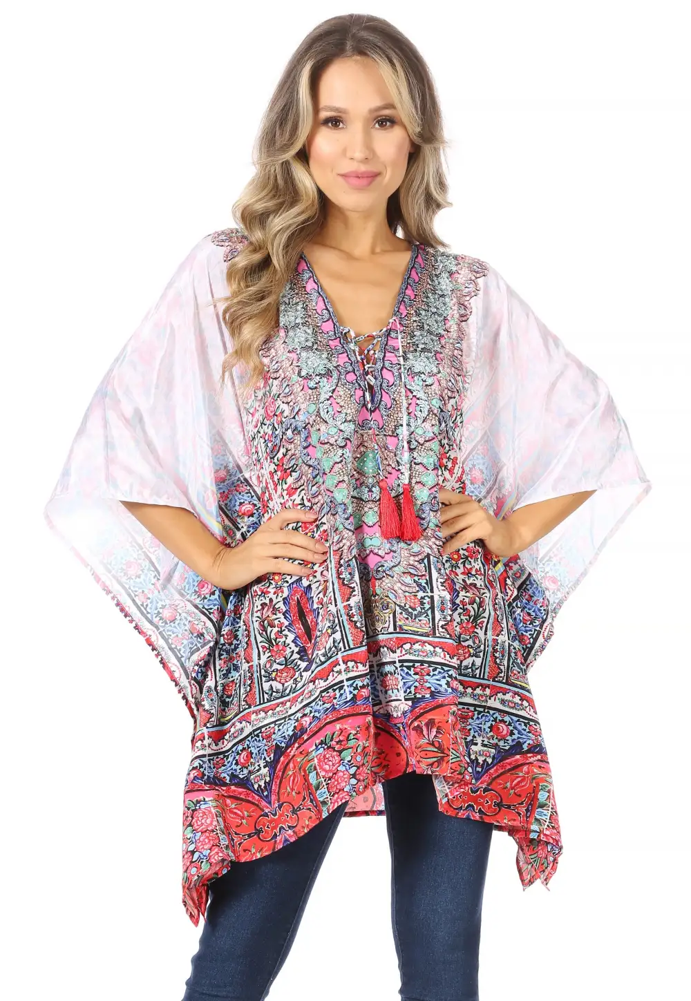 Women's Caftan Poncho Cover up V neck Top Lace up With Rhinestone