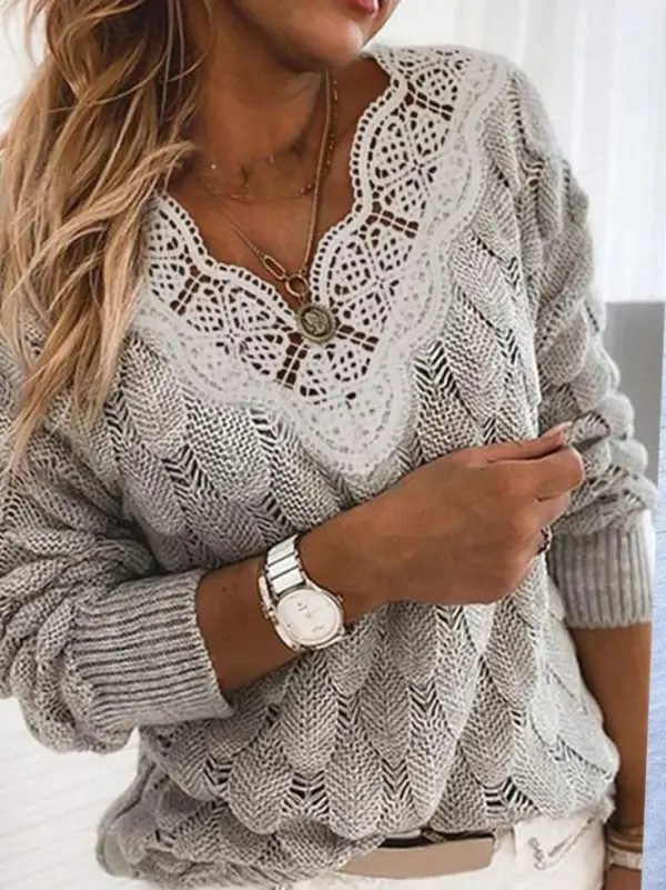 Women's Sweaters Lace V-Neck Hollow Long Sleeve Sweater