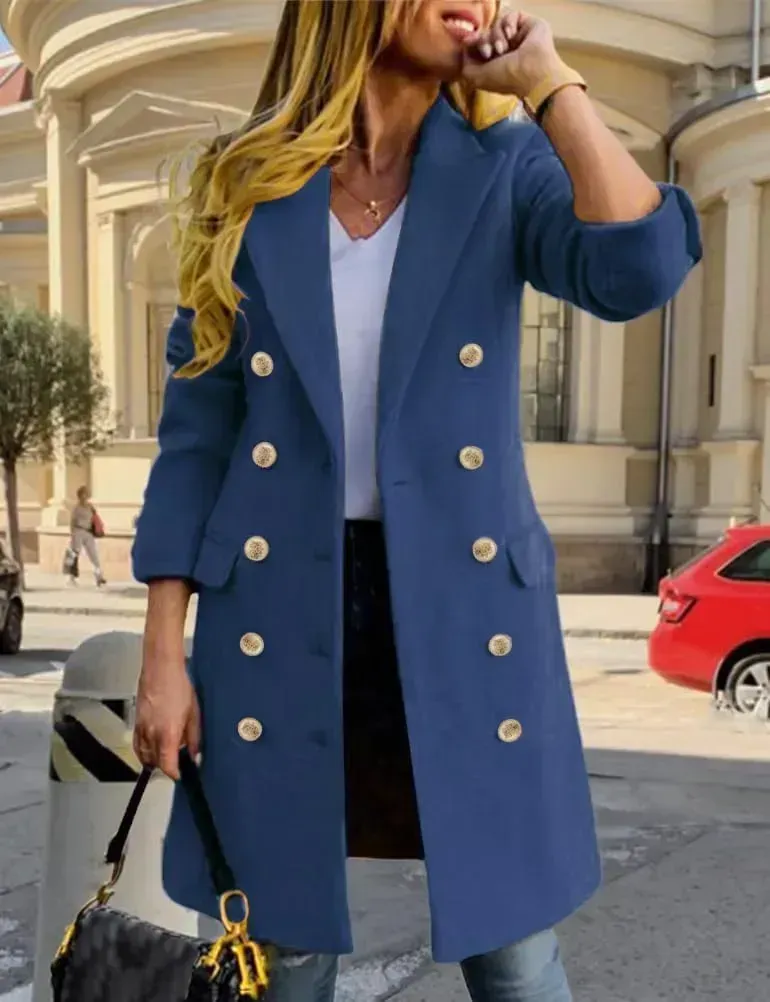 Womens Fall Winter Wool Coats Double Breasted Midi Peacoat Trench Coats