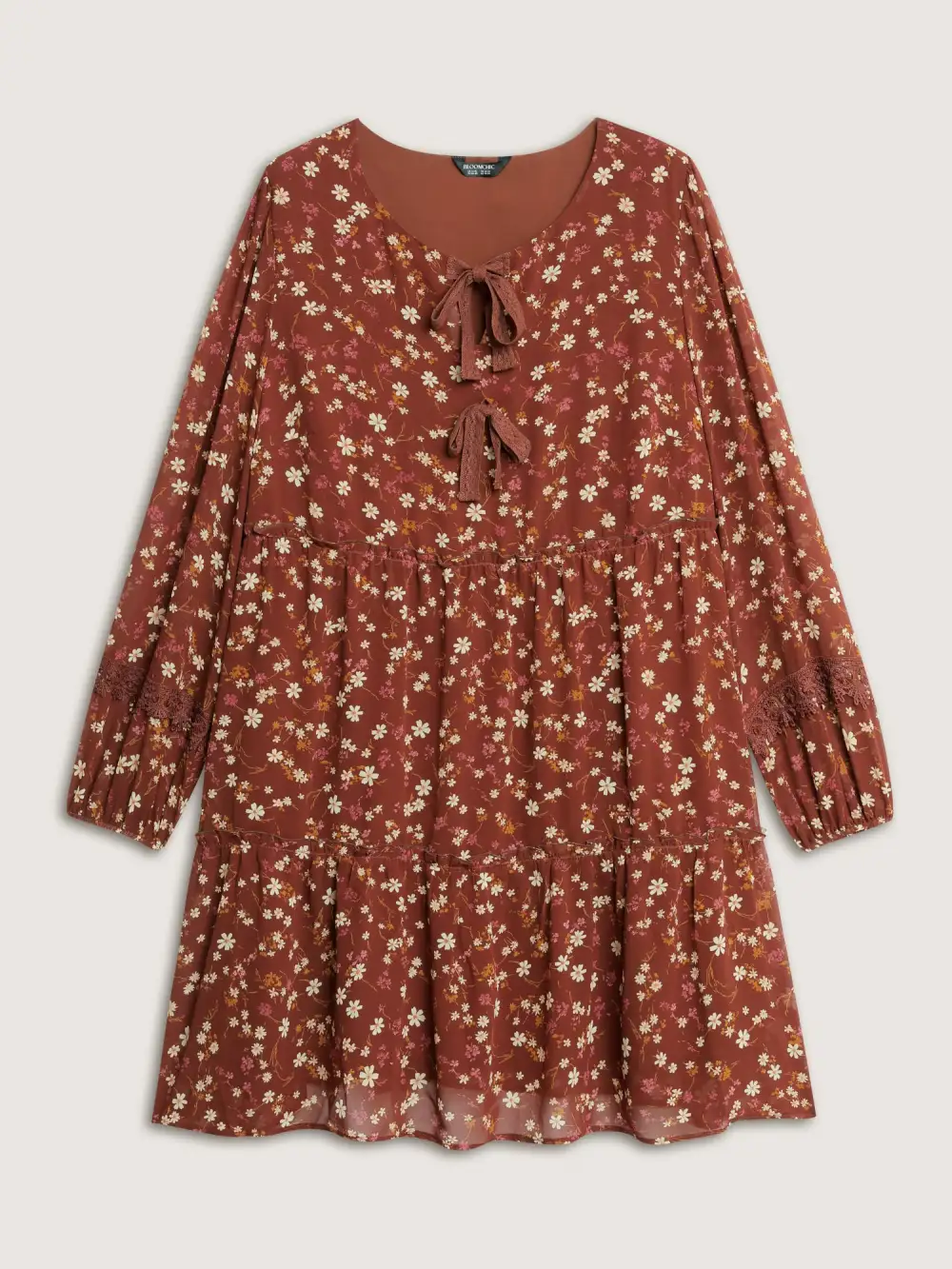 Bowknot Neckline Lace Trim Knee-Length Dress