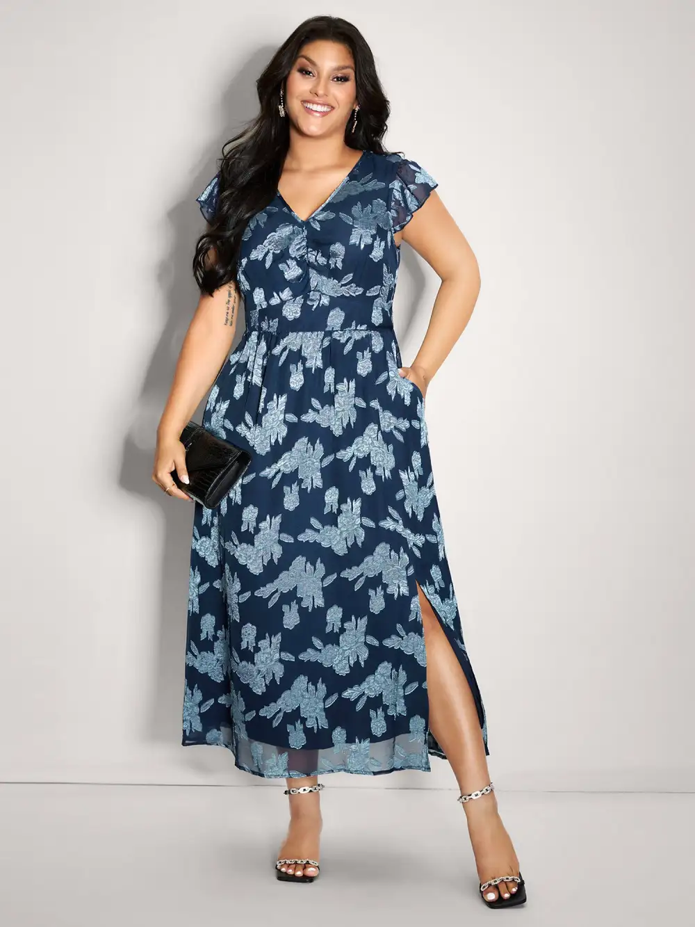 Geometrical Jacquard Textured Shirred Maxi Dress