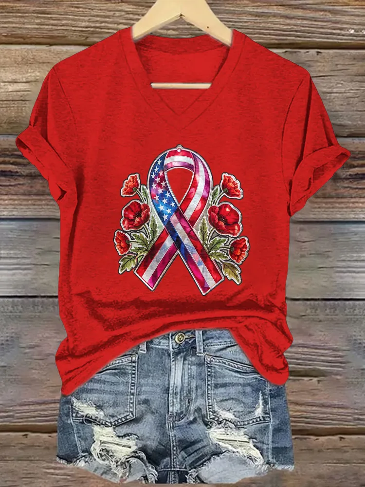 Women'S T-Shirt With Pattern Printing, Pure Cotton V-Neck Short-Sleeved T-Shirt