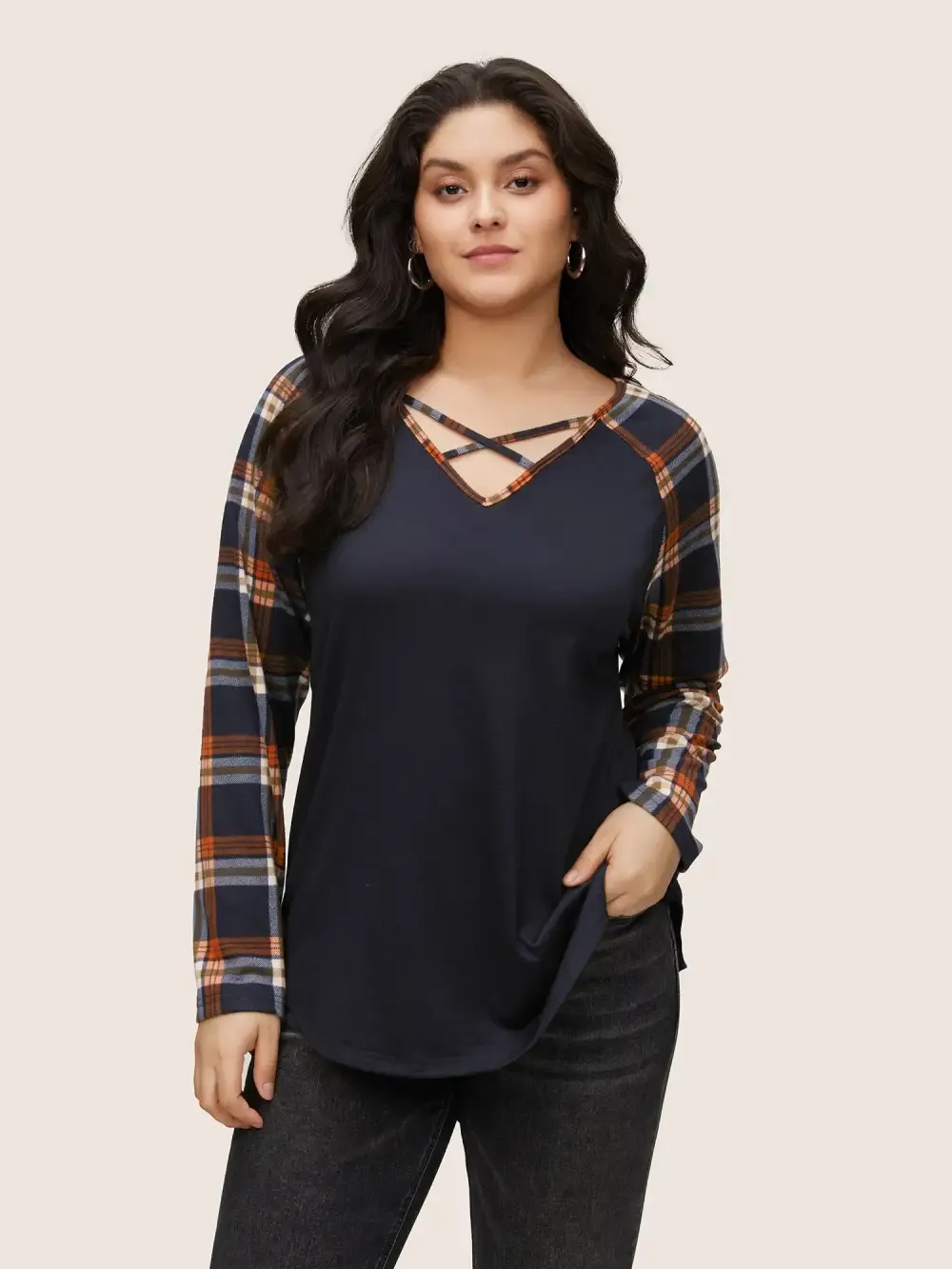 Plaid Patchwork Raglan Sleeve Crisscross T-Shirt