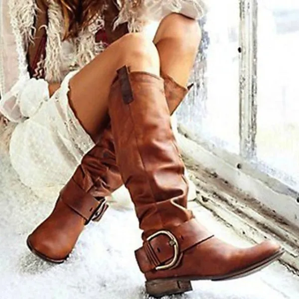 （Clearance Sale 👏）Women's Green Faux Leather Slouchy Western Boots with Buckle Detail - Knee-High Cowboy Style Boots for Casual and Boho Chic Outfits