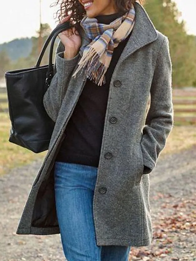 Women's Wool Coat Fall Pea Coat Winter Warm Overcoat Casual Daily Street Style Smocked Single Breasted Turndown Green Dark Grey Regular Fit S M L XL XXL 3XL / Windproof