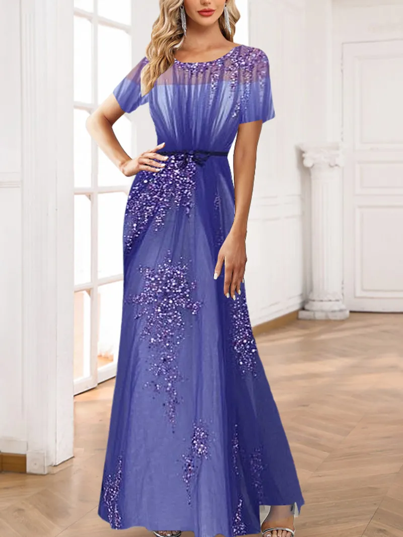 Blue gradient sequin studded beaded sequin dress Cocktail dress with waist drop full swing dress dress