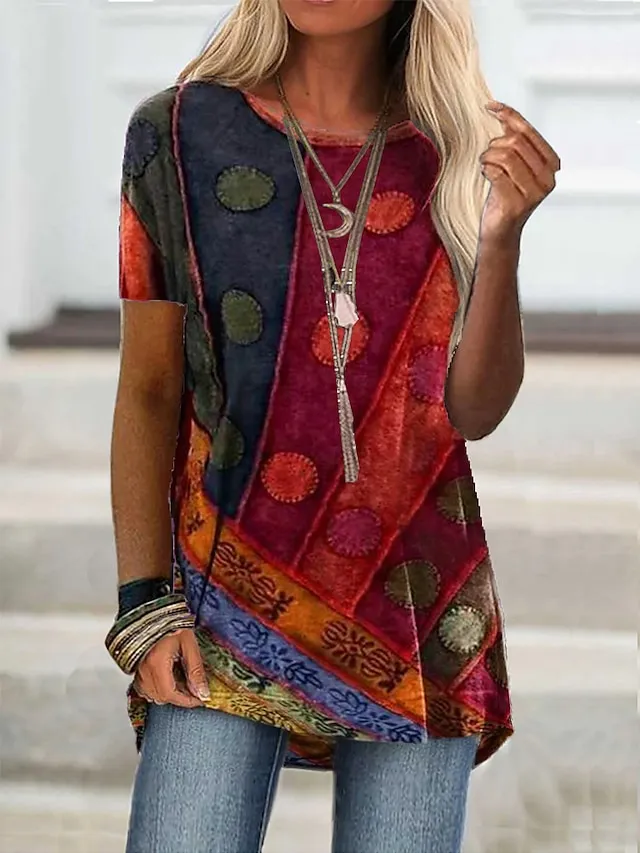 Women's T shirt Tee Burgundy Tee T shirt Dress Tunic Shirts Graphic Geometric Color Block Wine Red Blue Print Short Sleeve Casual Weekend Tunic Basic Boho Round Neck Regular Fit
