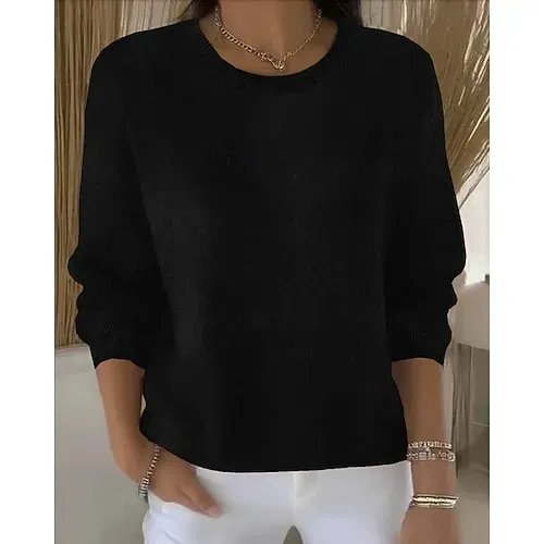 Women's Sweater Fashion Streetwear Casual Pure Color Ribbed Crew Neck Knitted Long Sleeve Regular Tops Knit Outdoor Daily Weekend Yellow Pink Fall Winter