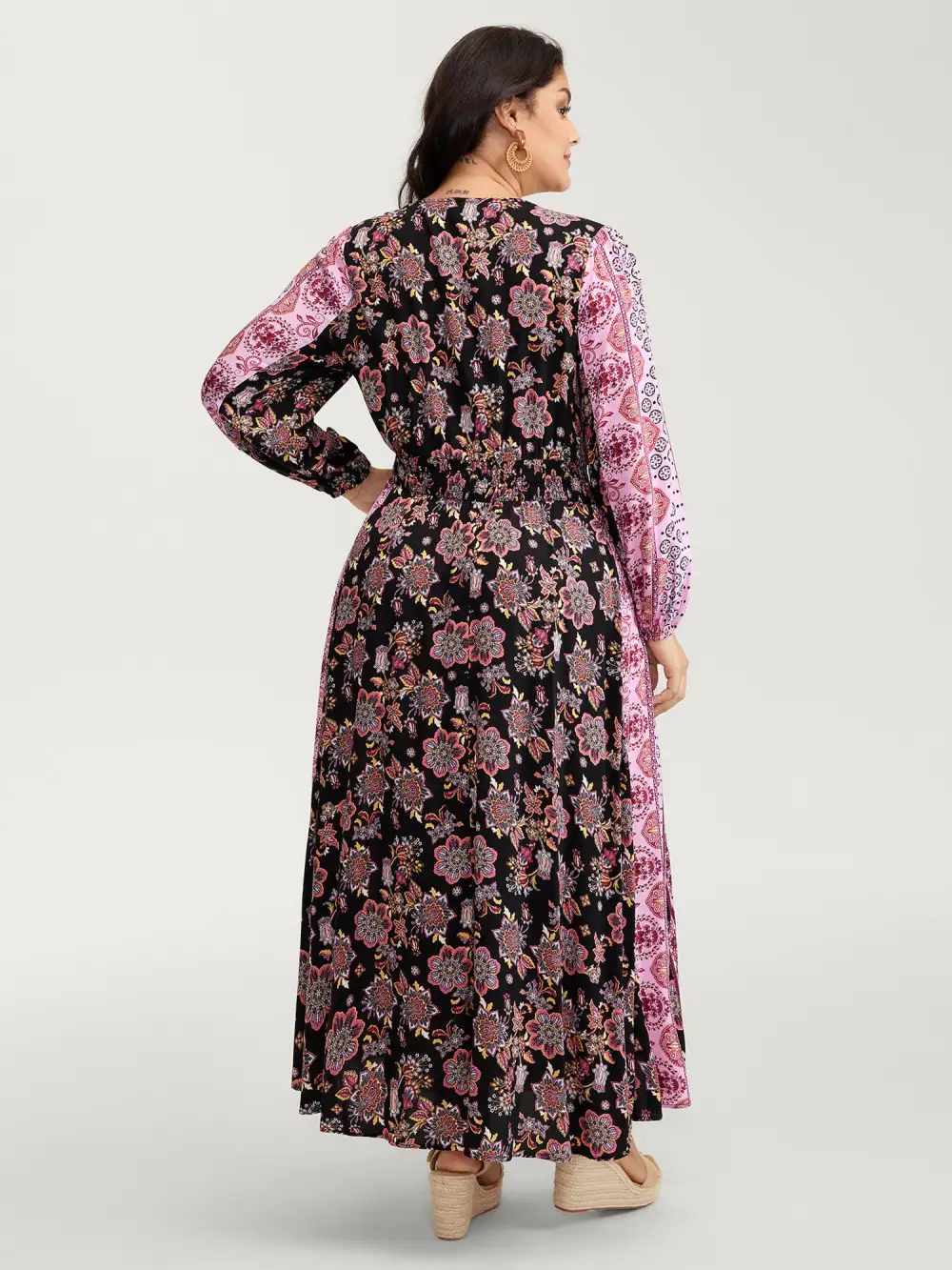 Floral Print Contrast Stripe Button Maxi Dress