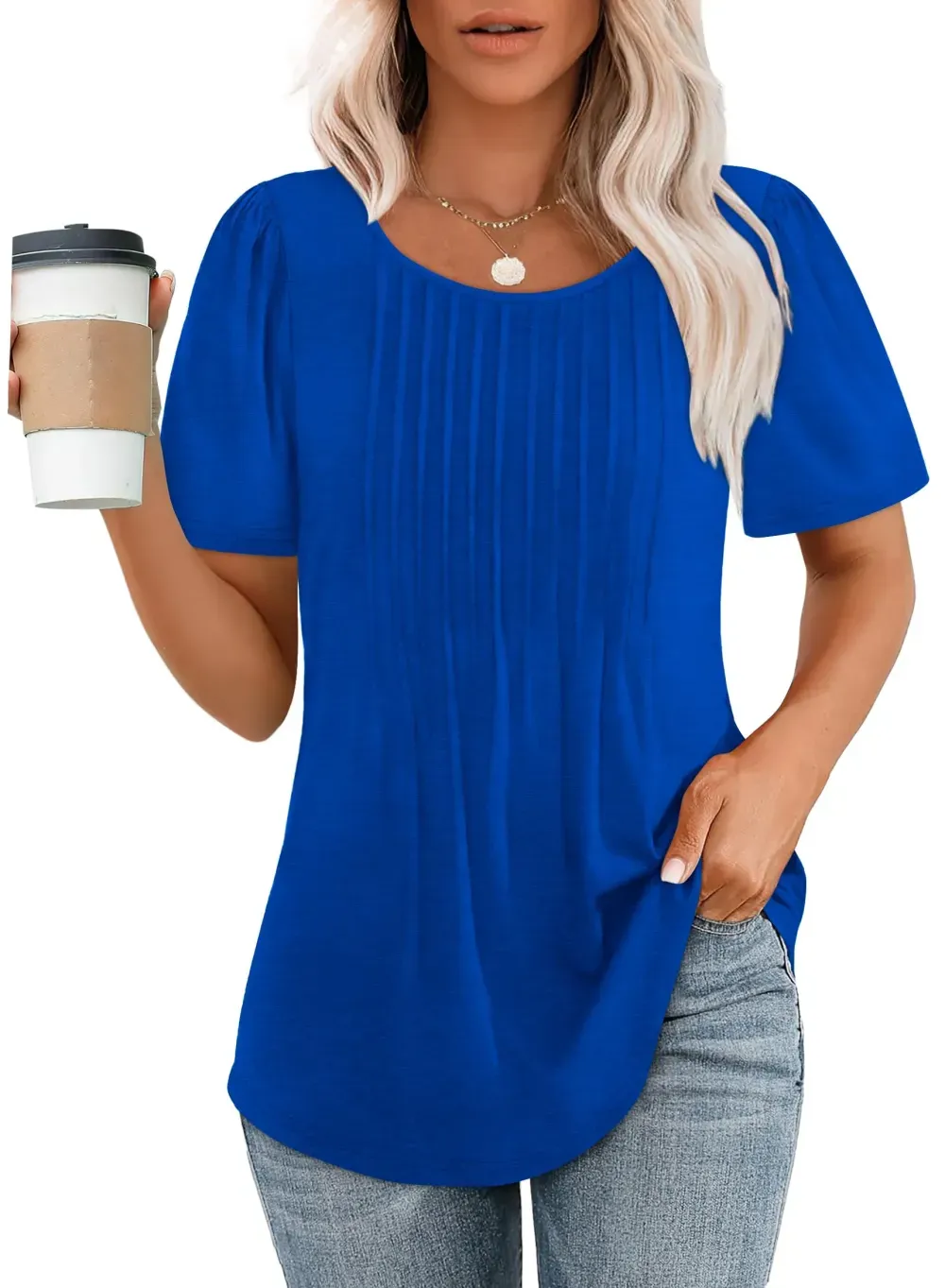 📣Women Summer Pleated Short Sleeve Tunic Blouses Tops