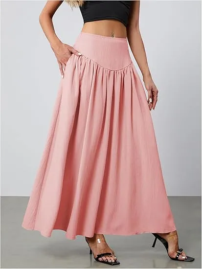 Milumia Women's Pleated Flowy Long Skirts High Waist Maxi Skirt with Pocket