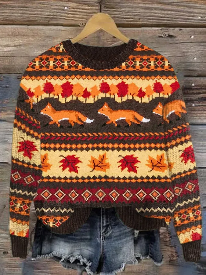 Women's The Fox and Foliage Casual Round Neck Print Knitted Sweater