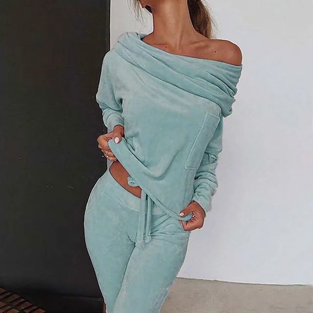 Women's Shirt Pants Sets Velvet Casual Daily Elegant Fashion Streetwear Long Sleeve Off Shoulder Black Fall & Winter